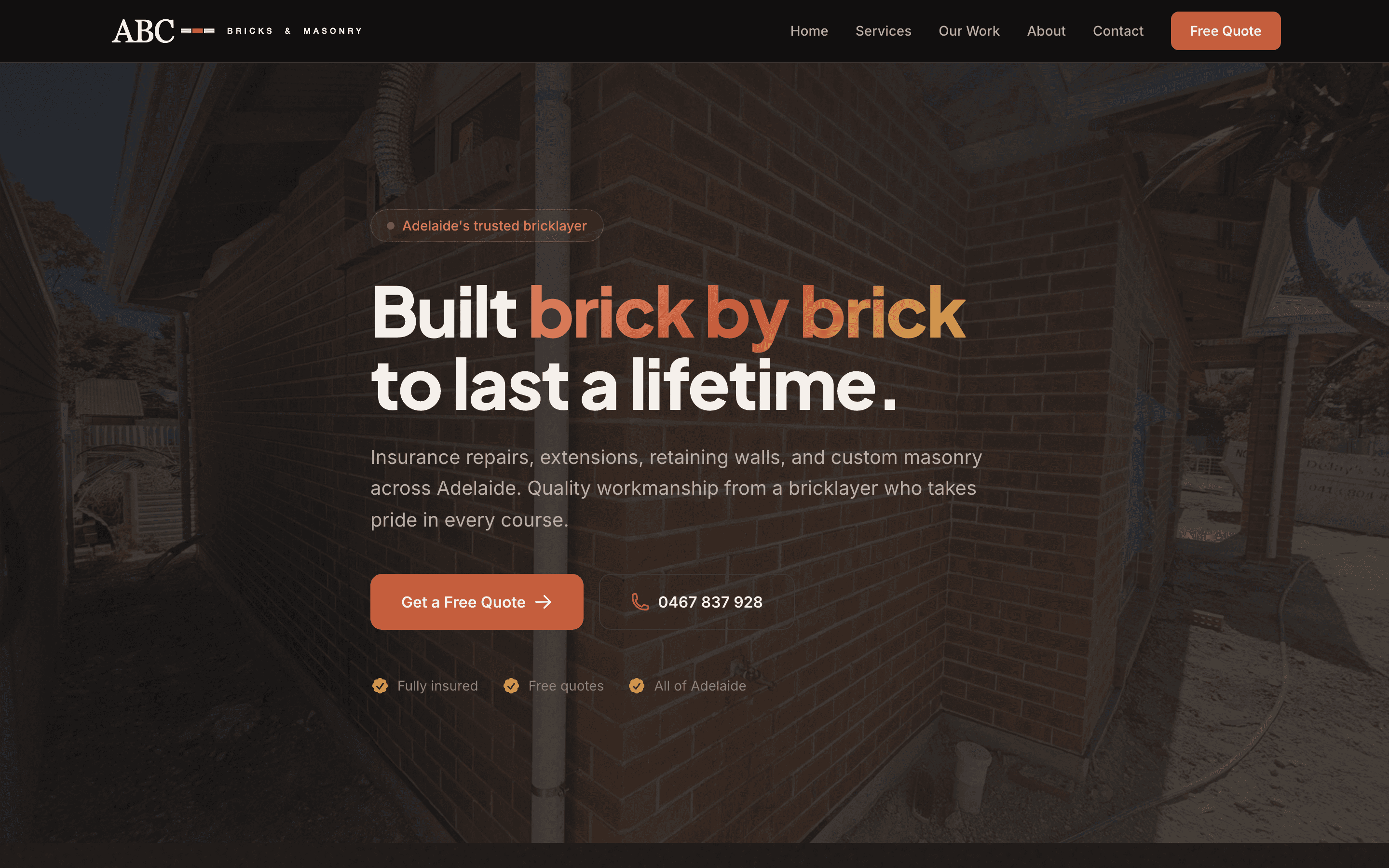 ABC Bricks & Masonry homepage with editorial serif headline