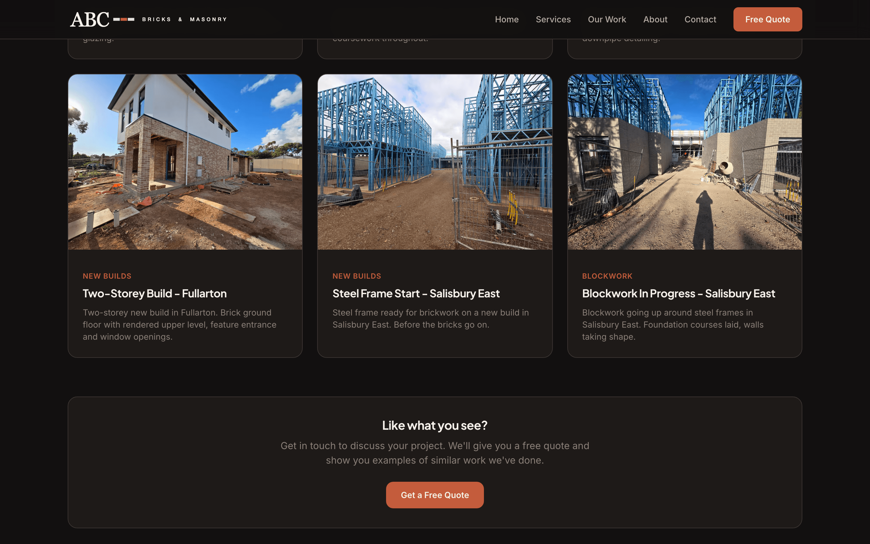 ABC Bricks Two-Storey Build progression: steel frame, blockwork in progress, and the finished two-storey home