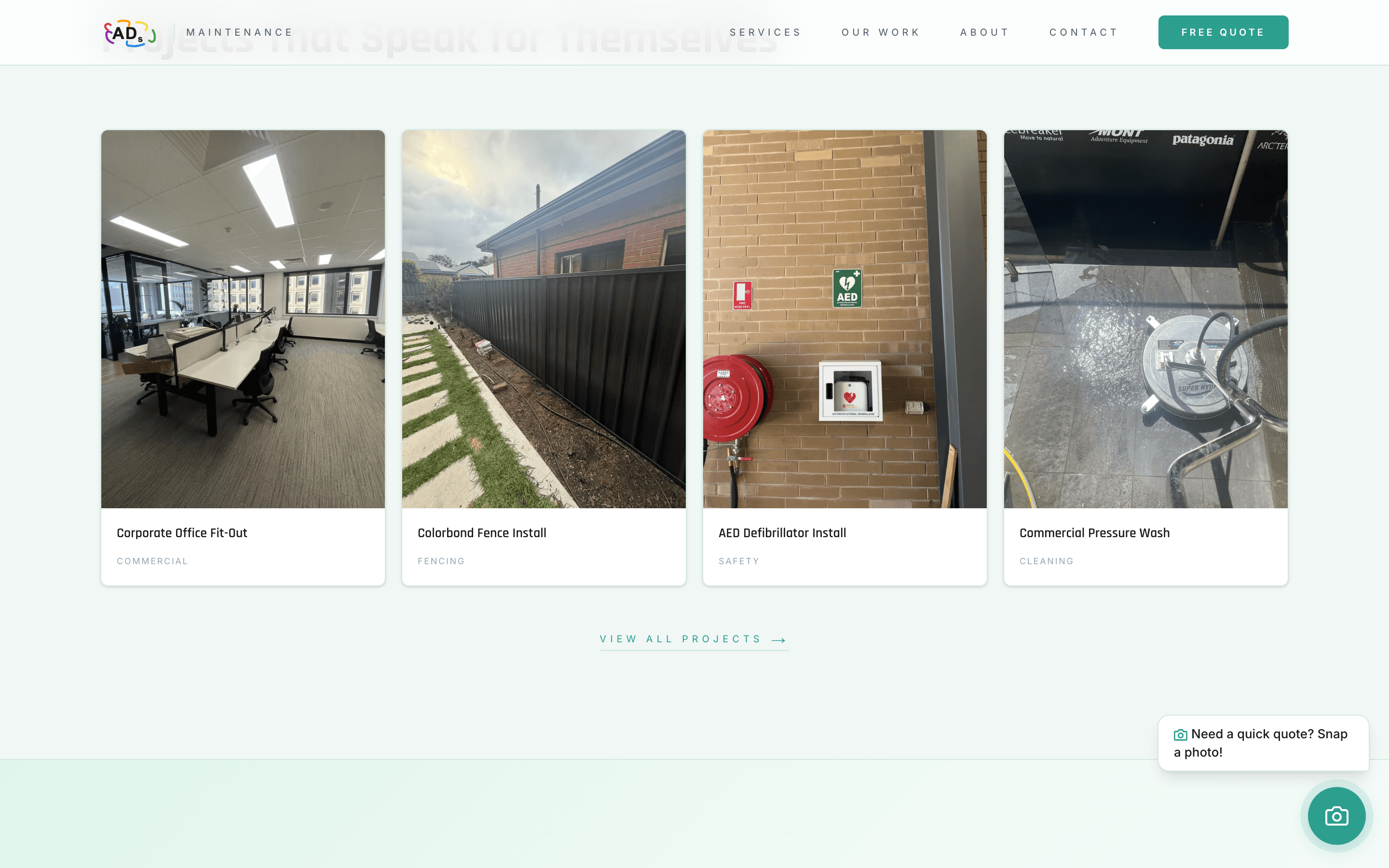 ADs Maintenance Recent Work grid: corporate fit-out, Colorbond fence, AED install, and commercial pressure wash