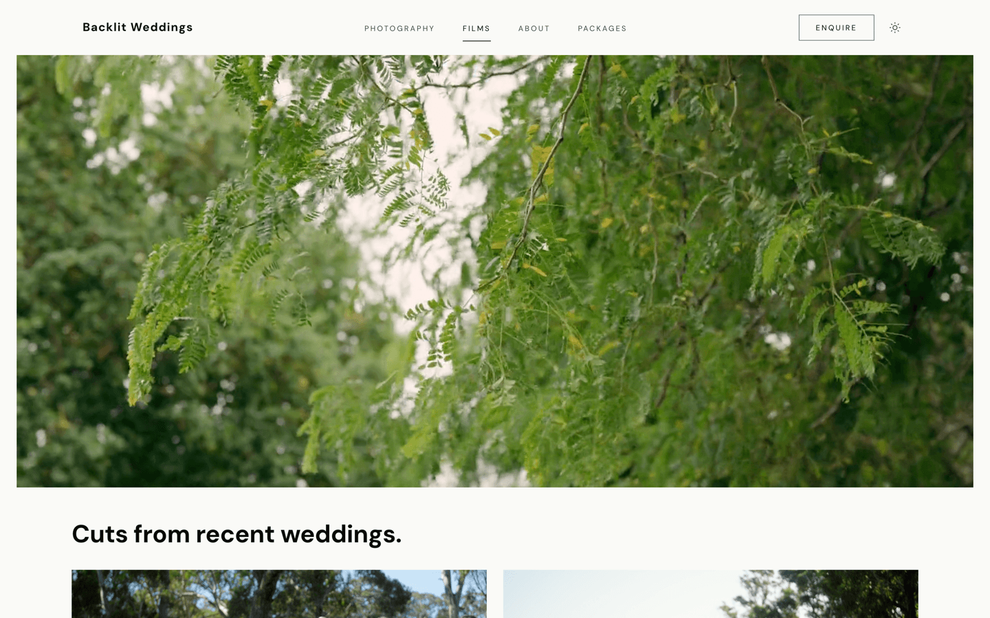 Backlit Weddings films page with wedding reel showcase
