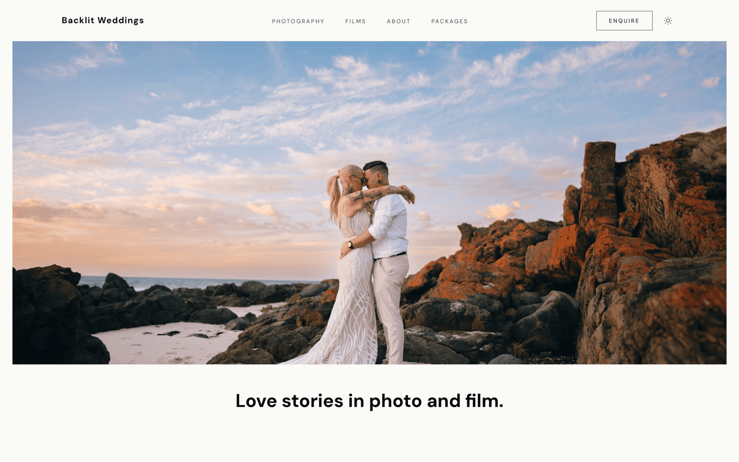 Backlit Weddings homepage with full-bleed cinema photography hero