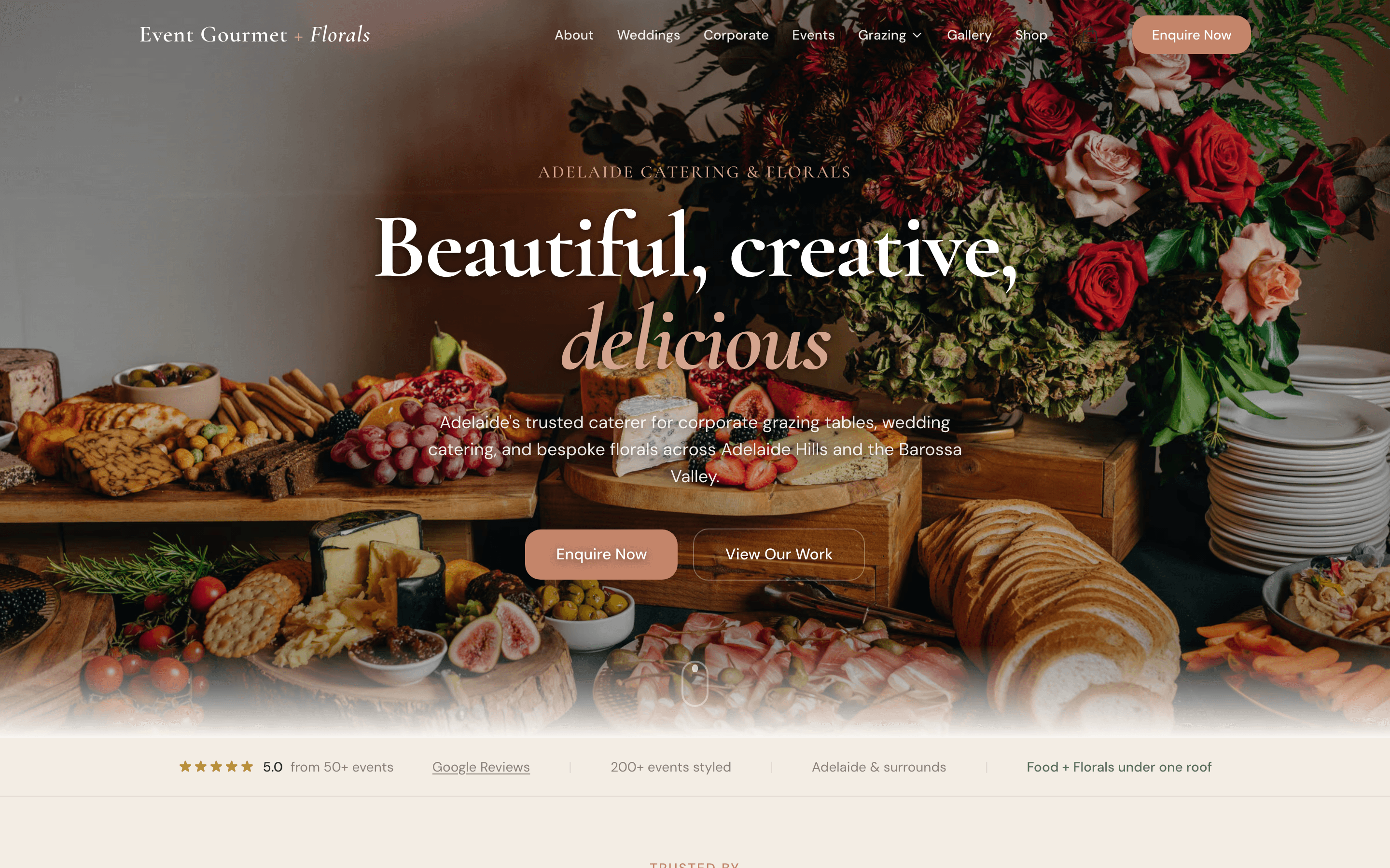 Event Gourmet & Florals homepage with photography-led hero